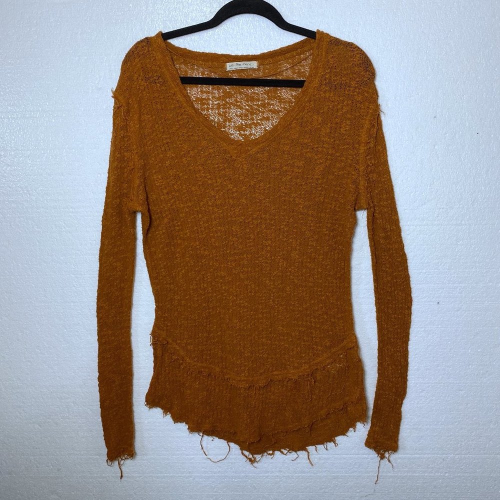 We The Free People Orange Ocean Air Hacci Pullover Knit Top Lightweight V-Neck